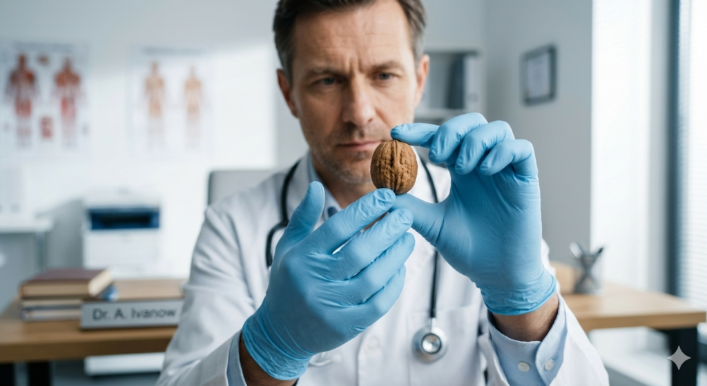 the doctor is holding a walnut in his hands